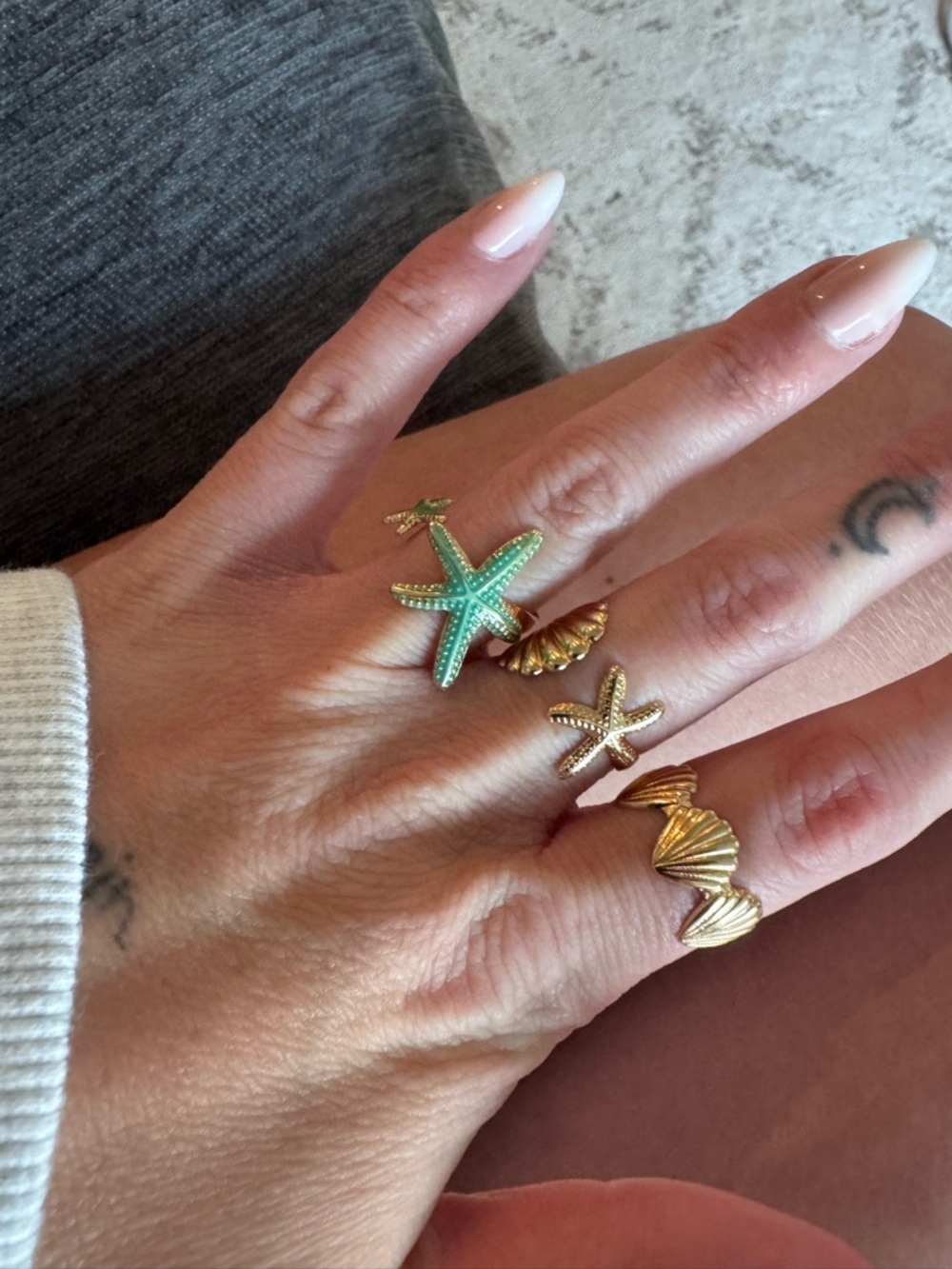 NWT 3- Gold and Turquoise Starfish & Shell Adjustable Ring Set - Women Jewelry